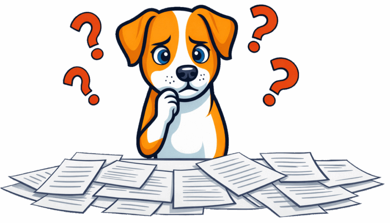 Cane dubbioso che legge delle polizze assicurative