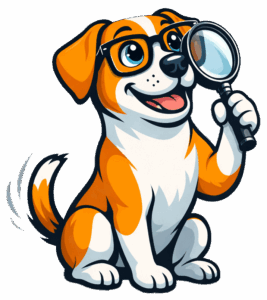 Cane scodinzola mentre guarda verso l'alto con la lente di ingrandimento